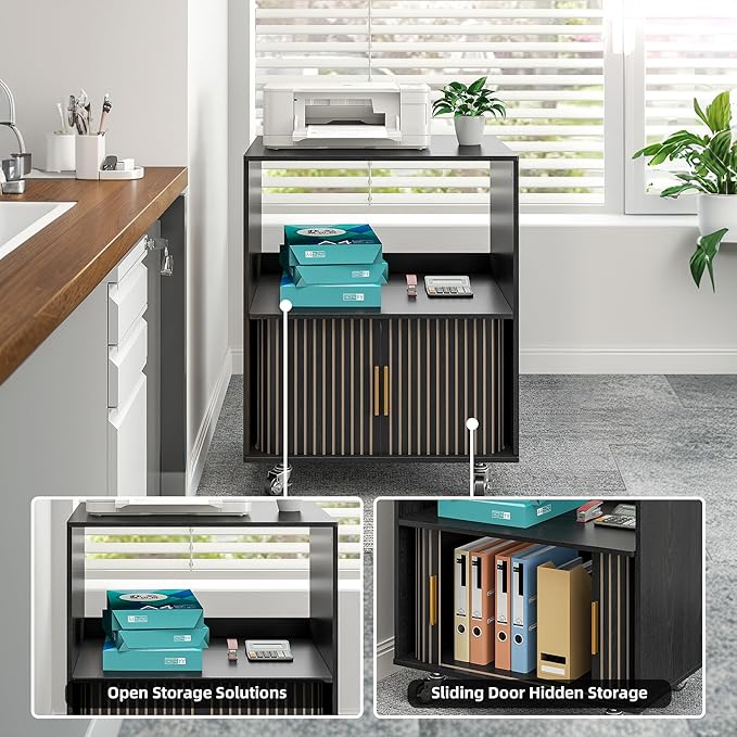 Printer Stand with Storage, File Cabinets with Sliding Doors, Rolling Printer Cart Under Desk with Open Storage Shelf for Home Office, Workspace (Black, 23.62" L)