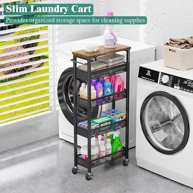 Giwil Slim Storage Cart 5 Tier Narrow Kitchen Rolling Cart on Wheels for Small Space, Metal Utility Cart Narrow Bathroom Storage Cabinet Mobile Shelf Unit Organizer with Wood Top and Handle, Black