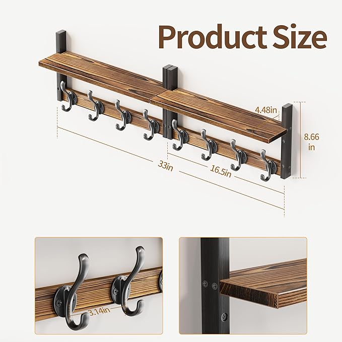 33 inch Coat Rack Wall Mount with Shelf, Set of 2 Entryway Wall Shelf with Hooks, Heavy Duty Coat Hanger Wall Mount for Living Room, Bedroom, Bathroom, Rustic Brown & Black