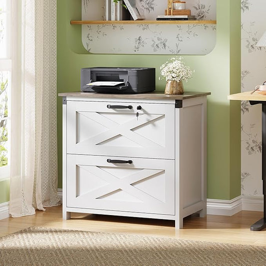 DEVAISE 2 Drawer File Cabinet, Lateral Wood Filing Storage Cabinet with Lock, Farmhouse Printer Stand for Home Office Fits Letter/Legal/A4 Size, White