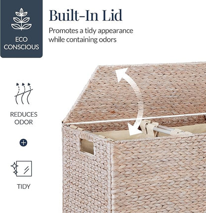 Best Choice Products Large Double Laundry Hamper with Lid, Natural Handwoven Water Hyacinth, 2 Sections w/ 2 Machine Washable Linen Liner Bags, Portable, Handles - Whitewash
