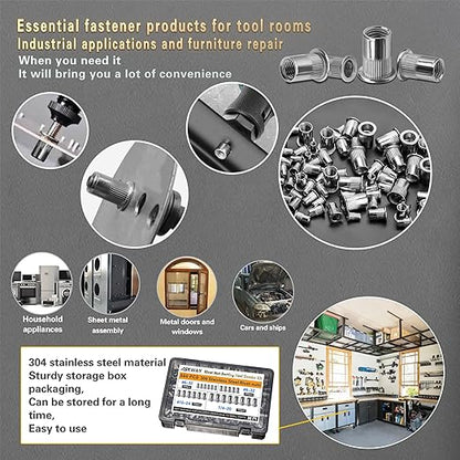 Stainless Steel Imperial Rivet Nut Tool Kit 500pcs, SAE Rivet Nut Combination （1/4-20、10-24、8-32、6-32）, Suitable for Automotive Industrial Applications (ASE Stainless Steel 500pcs)