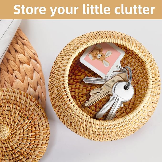 Small Rattan Basket Box with Lid, Round Handmade Woven Storage Basket, Multi-purpose Wicker Bowl Decorative Organizer for Shelf, Home, Bathroom Decor