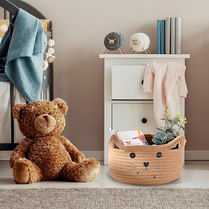 Zopeal Cat Basket Storage Woven Organizer with Ears Easter Decorative Gift Pet Toy Cute Cotton Rope Basket for Gift Cat Dog Toy Bin Nursery Room(13.7 x 7.8 Inch,Khaki)