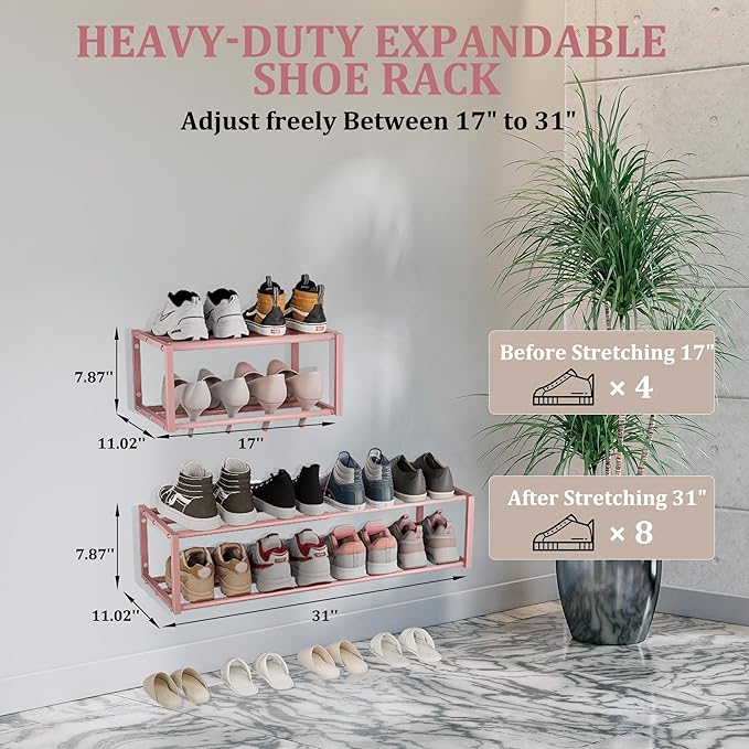 Expandable Wall Mounted Shoe Rack, 17"-31" Adjustable Hanging Shoe Rack Holds 8 Pairs, Heavy Duty Metal Shoe Holder with 2 Storage Hooks, Space Saving for Entryway Closet Doorway（Pink）