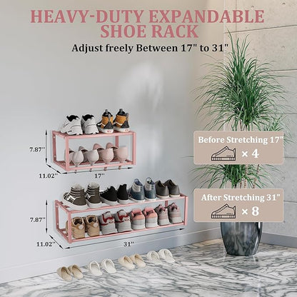 Expandable Wall Mounted Shoe Rack, 17"-31" Adjustable Hanging Shoe Rack Holds 8 Pairs, Heavy Duty Metal Shoe Holder with 2 Storage Hooks, Space Saving for Entryway Closet Doorway（Pink）