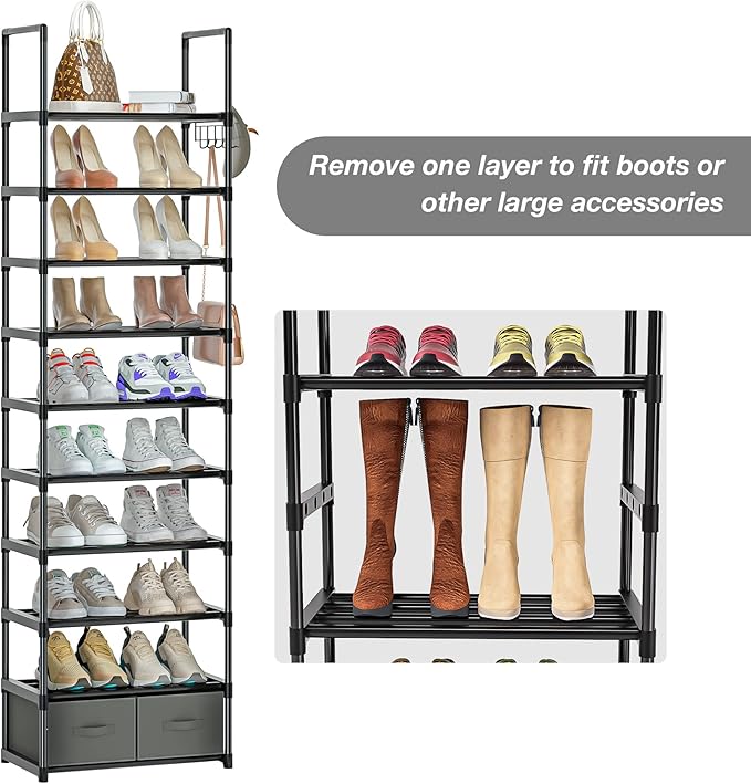 OYREL Tall Shoe Rack Narrow 10 Tier Shoes Rack 20 25 Pairs, Shoe Storage Organizer for Closet, Sturdy Metal Shoe Shelf Shoe Stand with 2 Boxes 1 Hook