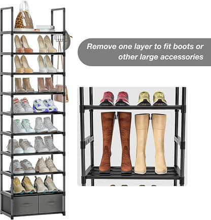 OYREL Tall Shoe Rack Narrow 10 Tier Shoes Rack 20 25 Pairs, Shoe Storage Organizer for Closet, Sturdy Metal Shoe Shelf Shoe Stand with 2 Boxes 1 Hook