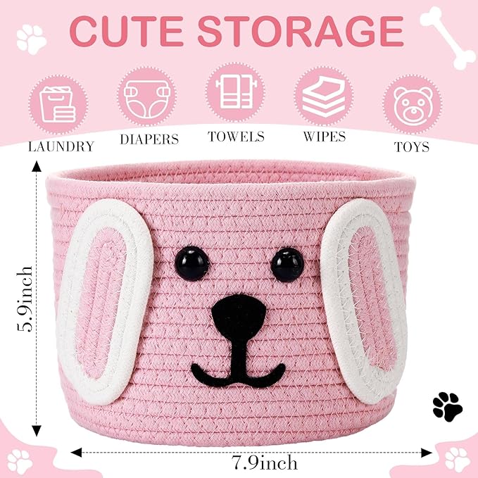 Zopeal Dog Woven Basket, 7.9" D x 6" H Cotton Rope Toy Storage Organizer, Dog Mom Gift Empty, Cute Laundry Puppy Gift Animal Basket for Clothes, Towels, Toy, Laundry, Bathroom, Home(Pink,White)