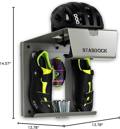 Stasdock Wall Bike Rack | Bike Storage Wall Mount System | For Race Bicycles (Silver Metallic) and Mountain Bikes | Bike Shelf | Indoor bike wall bracket | Stores helmet and shoes | Home and Garage