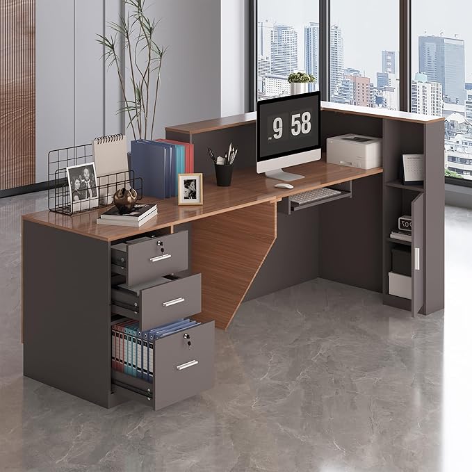 L-Shaped Reception Desk with Lockable Drawers, Adjustable File Cabinet & Keyboard Tray, Modern Front Counter for Office, Salon, or Lobby (Left-L Walnut/Slate Gray, 70.9''L x 23.6''W x 41.3''H)