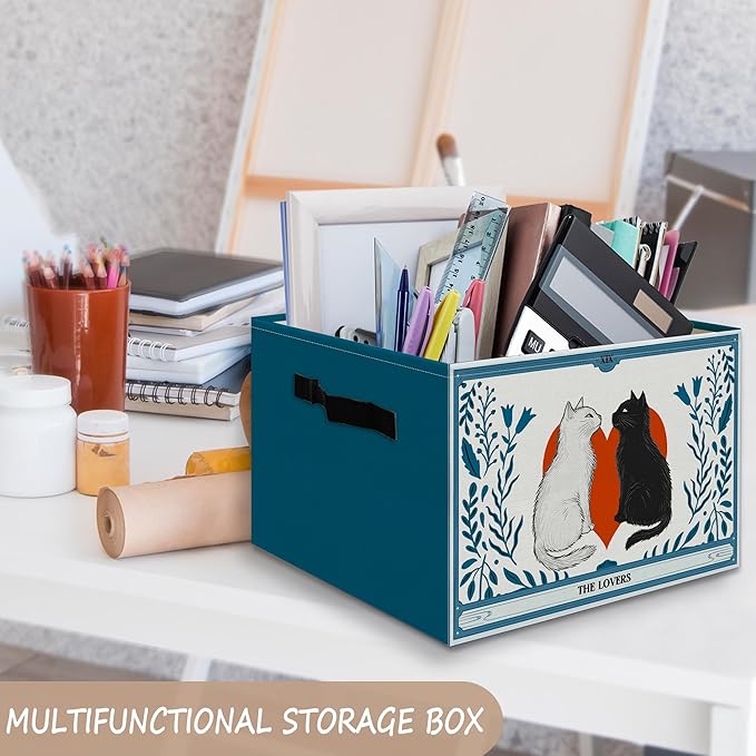 Valentine's Day Cat Toy Basket Foldable Storage Bins Box with Handles, Witchy the Lovers Tarot Card Cats Blue Collapsible Organizer Basket for Bedroom Bathroom Kids Room Clothes Toys Books