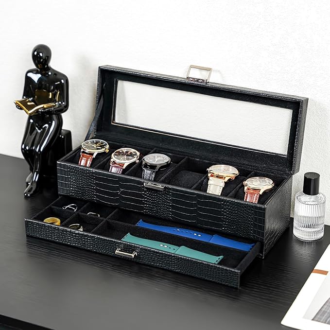 ProCase Watch Box, 6 Slot Watches Display Case with Drawer, Mens Watch Case with Glass Lid, 2-Layer Mens Jewelry Organizer Storage Holder, Birthday Valentine Gifts for Men -6 Slot, LizardBlack