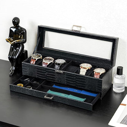 ProCase Watch Box, 6 Slot Watches Display Case with Drawer, Mens Watch Case with Glass Lid, 2-Layer Mens Jewelry Organizer Storage Holder, Birthday Valentine Gifts for Men -6 Slot, LizardBlack