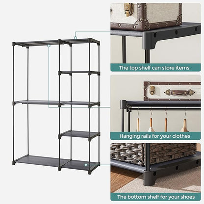 SONGMICS Portable Closet, Freestanding Closet Organizer, Clothes Rack with Shelves, Hanging Rods, Storage Organizer, for Cloakroom, Bedroom, 44.1 x 16.9 x 65 Inches, Gray URYG024G02
