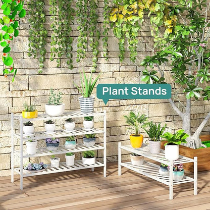 White 4-Tier Long Shoe Rack, Bamboo Wood, 33-Inch