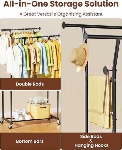 Double Rods Clothes Rack, Rolling Clothing Rack with Wheels, Metal Clothing Racks for Hanging Clothes, Portable Garment Rack Sturdy Closet Rack Trending Coat Rack for Laundry Bedroom Living Room
