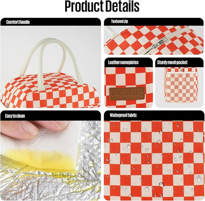 Lunch Bag Women/Men Lunch Box Women/Men (Red+Beige Checkerboard)