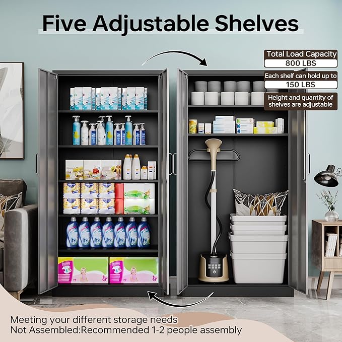Metal Storage Cabinet with Lock,71" Garage Cabinets with 2 Doors and 4 Adjustable Shelves, Steel Locking Caninets Tall Tool Storage Caninet, Lockable File Cabnet for Home Office, Pantry