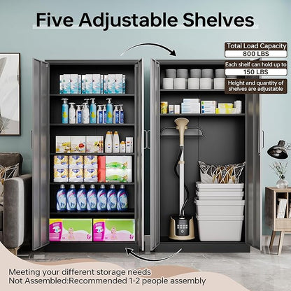 Metal Storage Cabinet with Lock,71" Garage Cabinets with 2 Doors and 4 Adjustable Shelves, Steel Locking Caninets Tall Tool Storage Caninet, Lockable File Cabnet for Home Office, Pantry