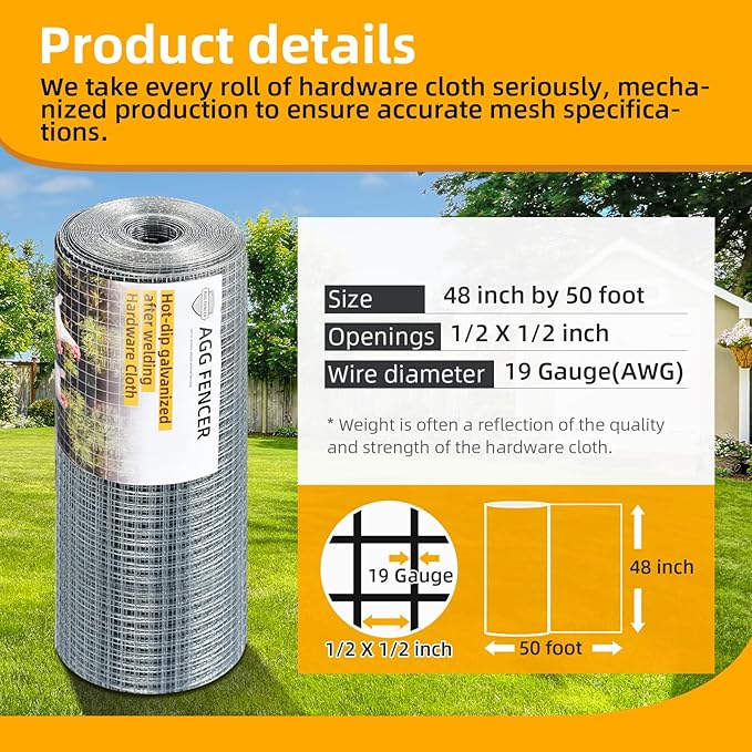 Hardware Cloth 1/2 inch 48 x 50ft Chicken Wire Fencing 19Ga, Hot Dipped Galvanized After Welding Garden Plant Supports Welded Metal Chicken Wire Fence, Poultry Animal Netting Cage Screen