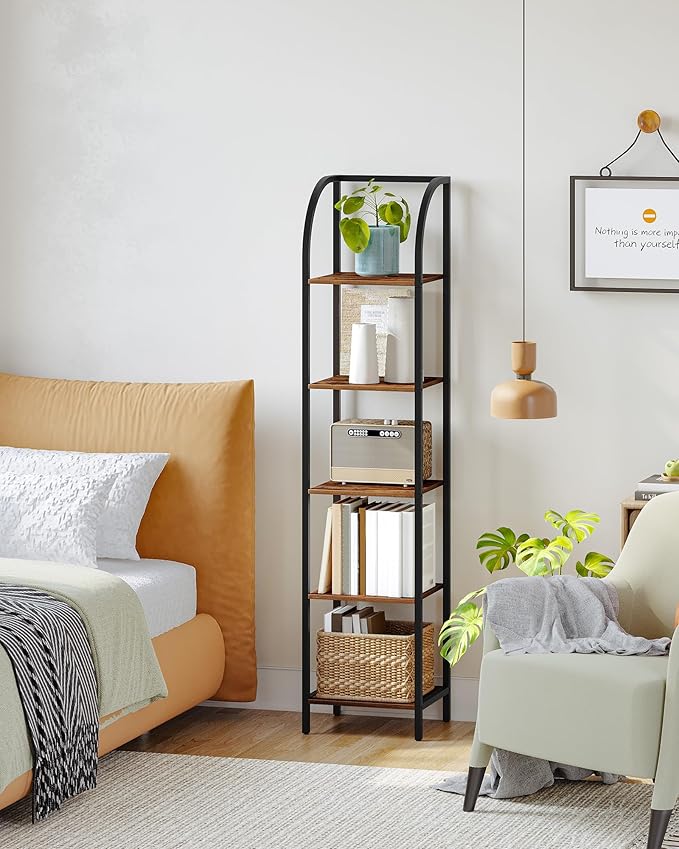 Bookshelf Bookcase Narrow Bookcase Shelf Organizer with Steel Frame for Study Living Room Bedroom Kitchen Home Office Industrial Bookshelf 5-Tier Rustic Brown BC55001B
