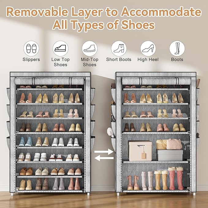 Shoe Rack with Cover, 8 Tier Tall Shoe Organizer Storage for 36-45 Pair Shoes and Boots Large Shoe Storage Shelf Free Standing Shoe Rack for Closet, Front Door Entrance, Dorm, Garage, Printing