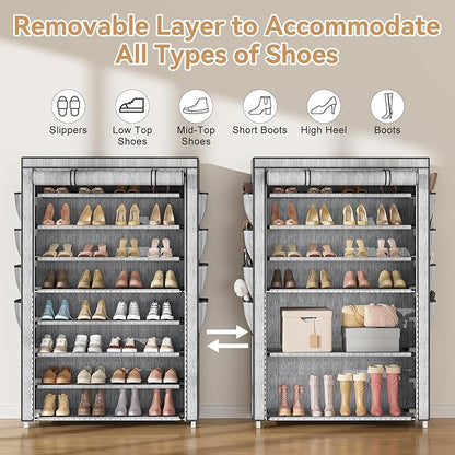 Shoe Rack with Cover, 8 Tier Tall Shoe Organizer Storage for 36-45 Pair Shoes and Boots Large Shoe Storage Shelf Free Standing Shoe Rack for Closet, Front Door Entrance, Dorm, Garage, Printing