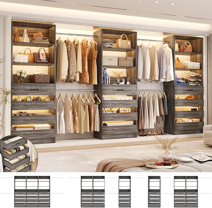 Aheaplus Closet System with 12 Drawers, 8.5-11.5Ft Wood Closet Organizer System with 4 Hanging Rods & 3 Towers, 4Ft & 6Ft L-Shaped Walk-in Closets Wardrobe Organizer Clothes Rack, Set of 3, Black Oak