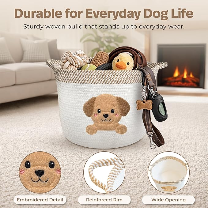 Golden Retriever/Labrador Dog Toy Basket, 15x11 Inch Woven Cotton Rope Storage Bin with Puppy Patch, Large Pet Organizer for Toys, Blankets, Leashes, Living Room Decor (Beige/White)
