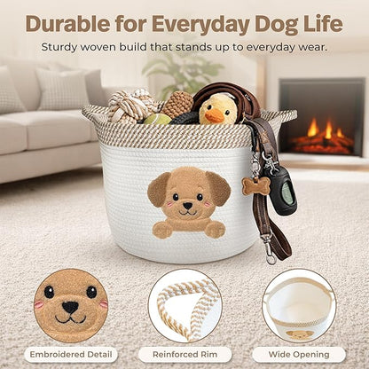 Golden Retriever/Labrador Dog Toy Basket, 15x11 Inch Woven Cotton Rope Storage Bin with Puppy Patch, Large Pet Organizer for Toys, Blankets, Leashes, Living Room Decor (Beige/White)