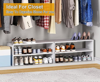 White Shoe Rack Organizer for Closet, 2-Tier Expandable Shoe Shelf, Stackable Iron Wood Combination Small Shoe Racks Shelves for Closets, Entryway,Small Space,Hallway,Garage,6-12 Pairs,Patent Pending