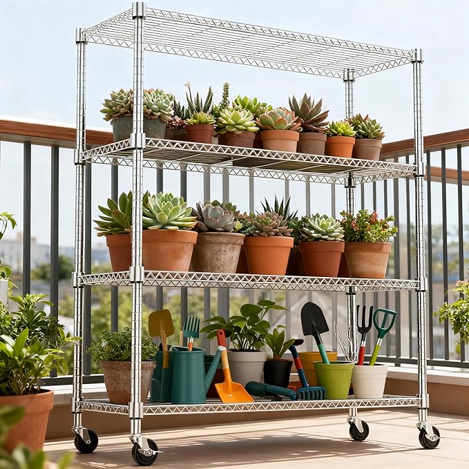 1400LBS 47.2" W 4 Tiers Storage Shelves Metal Shelving Unit with Wheels Heavy Duty Garage Shelving Adjustable Wire Shelves for Pantry,Kitchen,Garage,Basement,Chrome 17.7" D x 47.2" W x 62.6" H