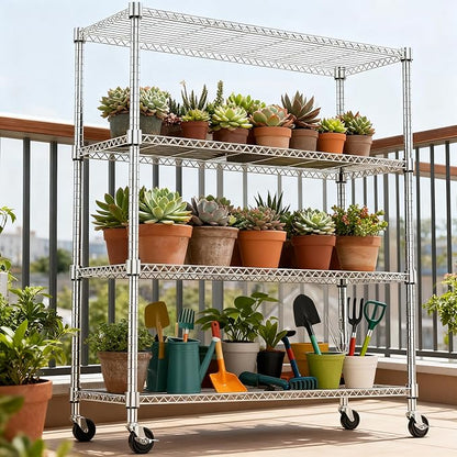 1400LBS 47.2" W 4 Tiers Storage Shelves Metal Shelving Unit with Wheels Heavy Duty Garage Shelving Adjustable Wire Shelves for Pantry,Kitchen,Garage,Basement,Chrome 17.7" D x 47.2" W x 62.6" H