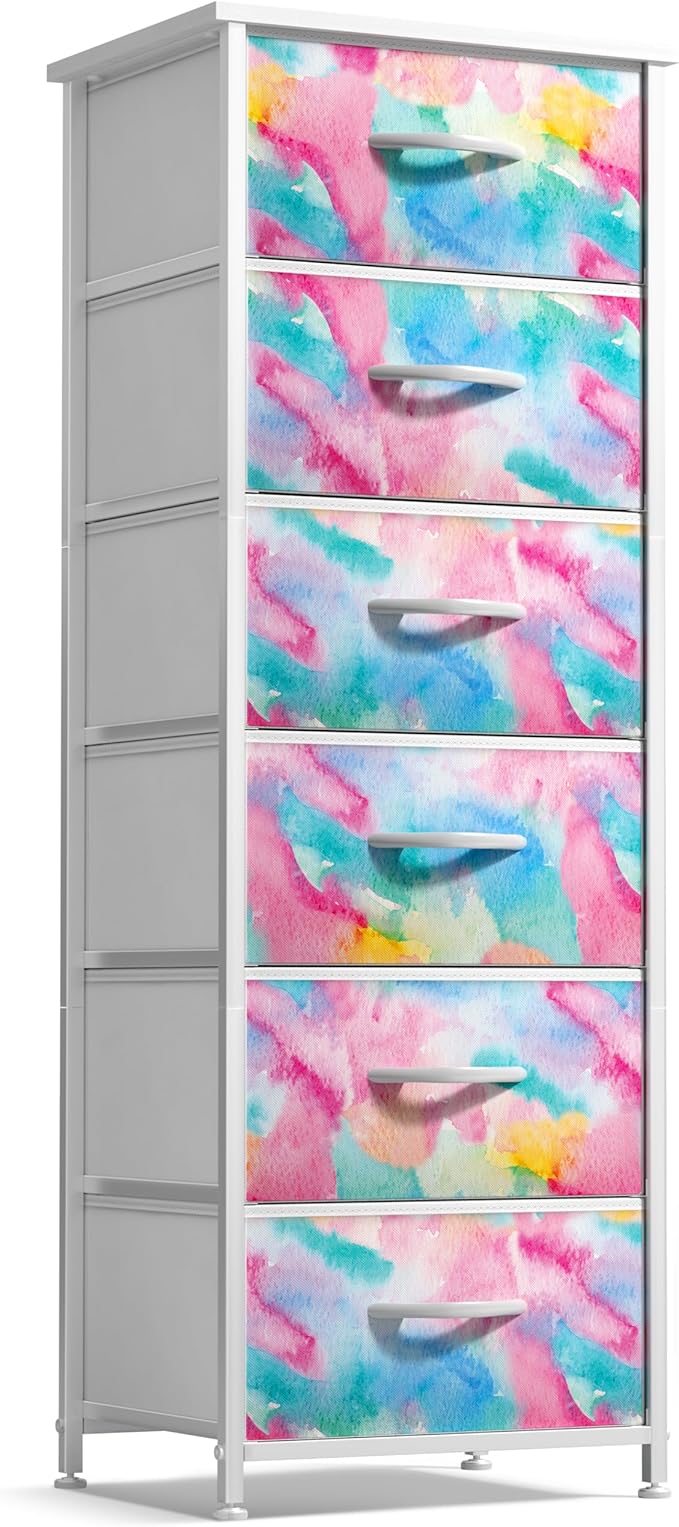 Sorbus Dresser Storage Tower, Organizer Drawers for Closet Boys & Girls Bedroom, Bedside Furniture, Chest for Home, College Dorm, Steel Frame, Wood Top, Tie-dye Fabric Bins (4-Drawer, Pastel Tie-dye)