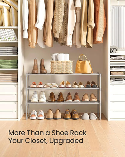 SONGMICS Shoe Rack, 3-Tier Shoe Organizer, Metal Storage Shelf, Upright or Upside Down, for 16-20 Pairs, Stackable, for Entryway, 11.8 x 36.2 x 21.7 Inches, Gray ULSA303G01