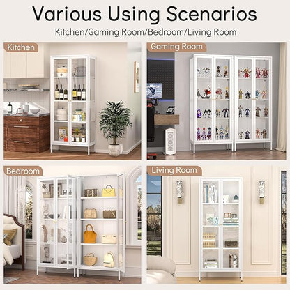 Glass Display Cabinet with Glass Doors, White Curio Cabinet with 3 Side Tempered Glass, 66" Tall Bookcase Display Case for Collectibles, Metal Storage Cabinet for Living Room, Assemble Required