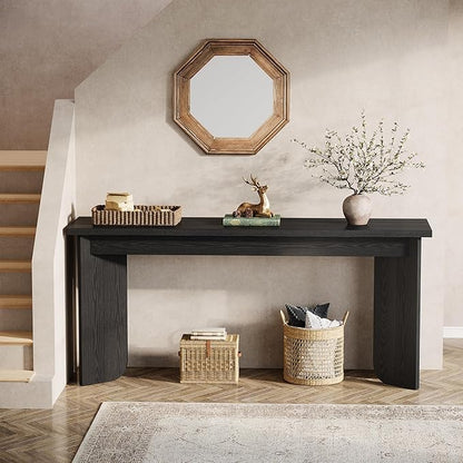 Tribesigns 70.9-Inch Sofa Console Table, Wooden Extra Long Entryway Table with Widened Tabletop, Farmhouse Console Behind Couch with Sturdy Double Pedestal for Hallway, Living Room, Black