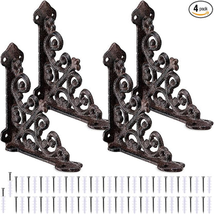 Blulu 4 Pack Antique Style Cast Iron Shelf Brackets Decorative Brackets 5 1/2" x 5 1/2" Wall Mount Shelving Bracket Heavy Duty Victorian Style Shelf(Iron Gray)