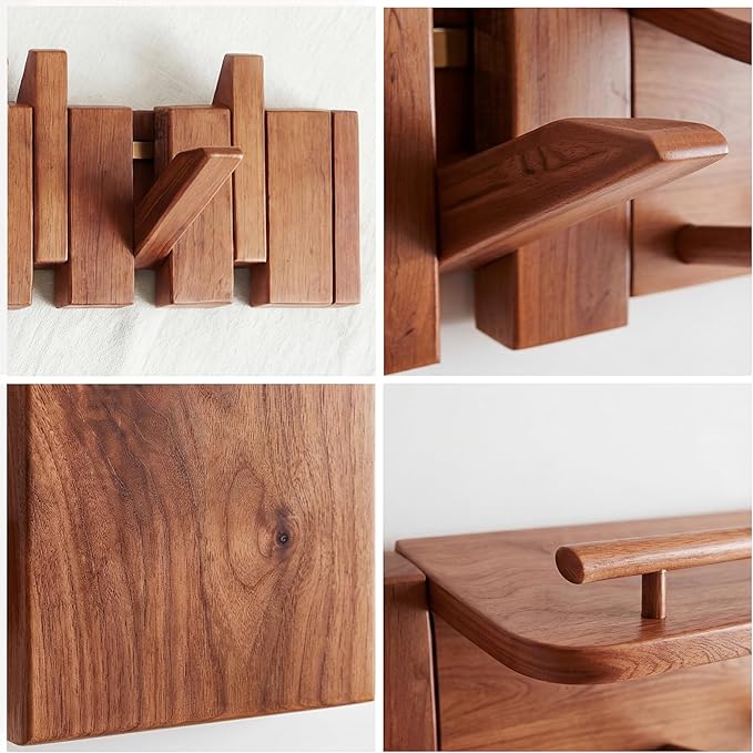 Mid Century Modern Walnut Foldable Entryway Wall Coat Hanger Hook with Shelf,Heavy Duty Wooden Piano Hidden Towel Hooks for Bathroom,Wall Rack for Purse&Key&Mail,Home Decor (Walnut, 9 Hooks)
