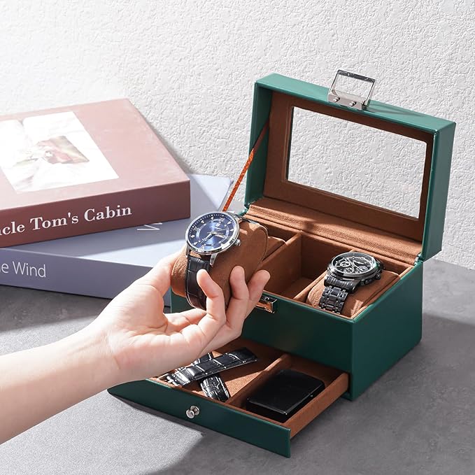 ProCase Watch Box, 3 Slot Watches Display Case with Drawer, Mens Watch Case with Glass Lid, 2-Layer Mens Jewelry Organizer Storage Holder, Birthday Valentine Gifts for Men-3 Slot, MidnightGreen