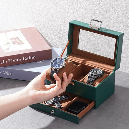 ProCase Watch Box, 3 Slot Watches Display Case with Drawer, Mens Watch Case with Glass Lid, 2-Layer Mens Jewelry Organizer Storage Holder, Birthday Valentine Gifts for Men-3 Slot, MidnightGreen
