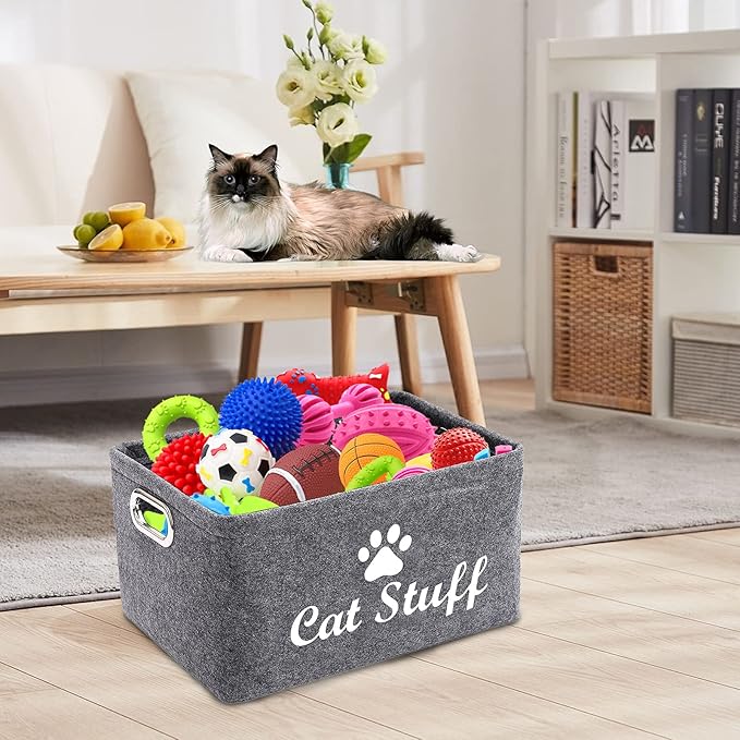 Felt Cat Toy Basket,Foldable Pet Toy Storage Bins with Handles, Pet Stuff Organizer for Indoor Cat,Kitten Toy Storage Bed for Organizing Cat Toys Treats Clothes and Accessories