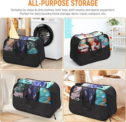 Collapsible Laundry Baskets with 3 Compartment, 150L Tear-proof Pop Up Hamper, Foldable Laundry Basket with Tote Handles, Dirty Clothes Hamper for Laundry, Bedroom, Bathroom, Dorm Black
