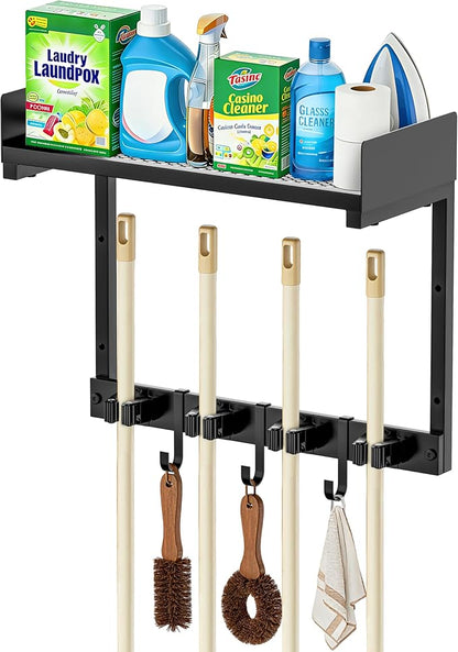 Broom Holder Wall Mount, 15" Large Mop and Broom Organizer Wall Hanging with Top Storage Shelf, Heavy Duty Iron Utility Rack for Laundry Room, Garage, Kitchen, Garden - Black