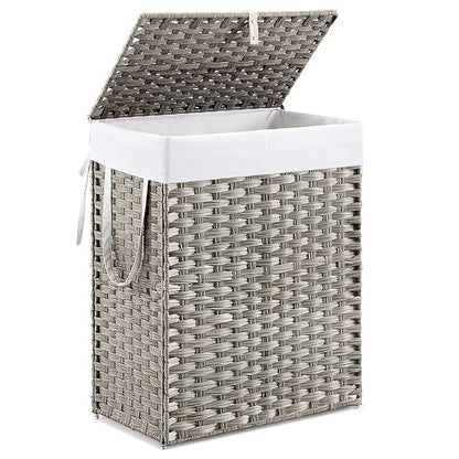 DUMOS Wicker Laundry Basket with Lid, 24 Gallon (91L) Woven Laundry Hamper with Handles, Foldable Rattan Clothes Hamper with Removable Liner & Sturdy Steel Frame, Dove Gray