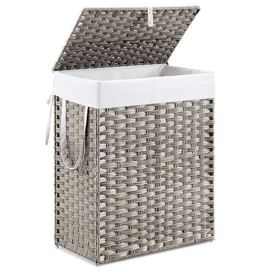 DUMOS Wicker Laundry Basket with Lid, 24 Gallon (91L) Woven Laundry Hamper with Handles, Foldable Rattan Clothes Hamper with Removable Liner & Sturdy Steel Frame, Dove Gray