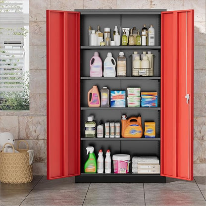 Greenvelly Metal Garage Storage Cabinet, 72" Black Red Tool Steel Locking Cabinets with Doors and 4 Shelves, Tall Cabinets for Garage Storage Systems Lockable File Cabinet for Home Office,Garage
