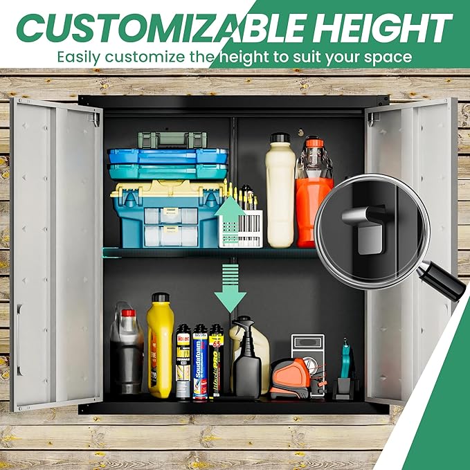 Metal Tool Cabinet,Garage Storage Cabinet System,Wall Cabinet & Locking Rolling Tool Cabinet with Doors and Adjustable Shelves,Steel Tool Cabinets for Home (2 Pcs-Wall-Style CC, Black & Grey)