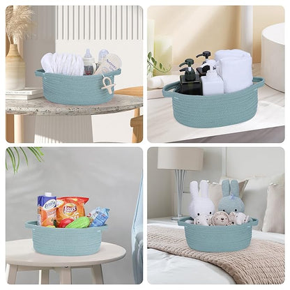 Small Woven Basket Cute Oval Cotton Rope Baby Gifts Baskets with Handle Empty Wicker Storage Baskets For Kids Cat Dog Toy Nursery Bin Easter Basket Light Green